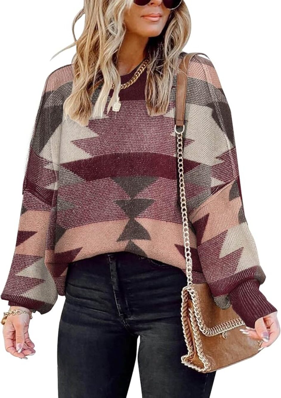 [Saukole] Red Pink Geometric Colorblock Oversized Crew Neck Sweater Size Small S